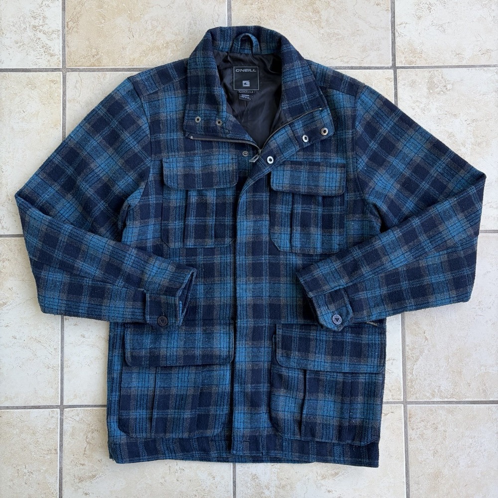 O'Neill Jacket Mens Small Blue Plaid Wool Blend Zip Up Utility Lined Outdoor Y2K